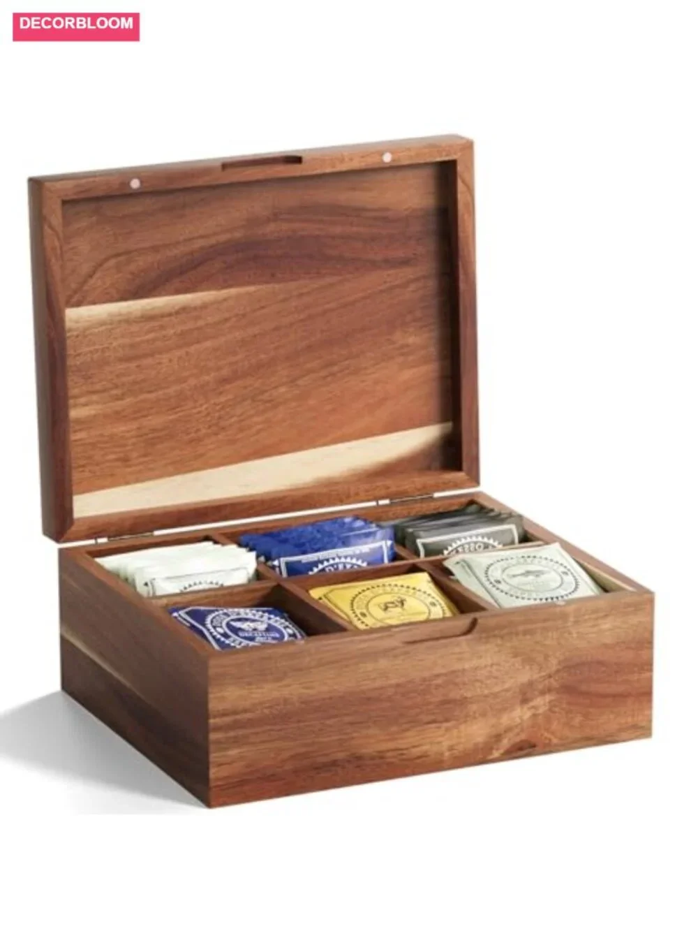 Acacia Wood Tea Bag Organizer with Lid, 6 Compartments, Tea Storage Chest